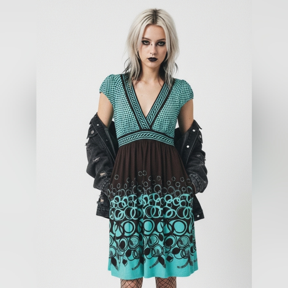 City Triangles Babydoll Y2K Dress Blue Brown Retro Polka Dot M
